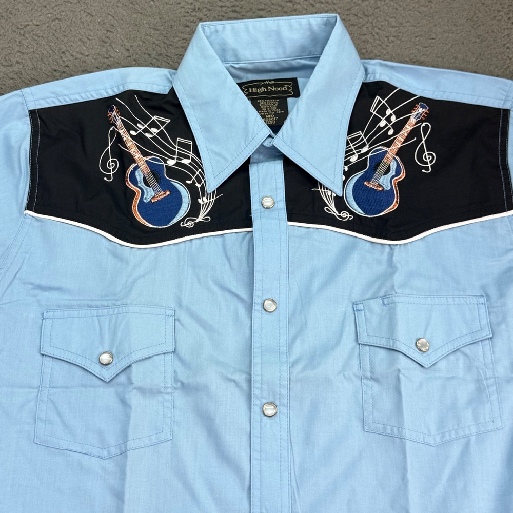High Noon Western Shirt Mens Medium Blue Guitar Embroidered Pearl Snap S/S